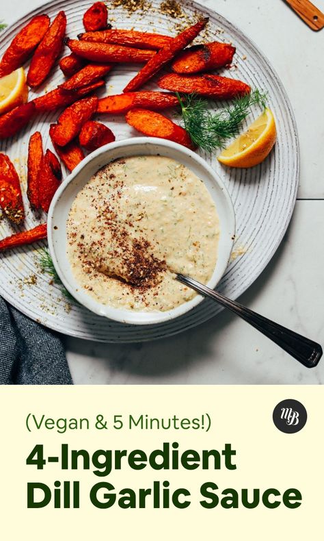 AMAZING Hummus Dill Garlic Sauce! 4 simple ingredients, BIG flavor, perfect for Mediterranean dishes and beyond! #recipe #minimalistbaker #hummus #plantbased #glutenfree #garlic Garlic Dill Sauce, Hummus Sauce, Plant Based Diet Recipes, Minimalist Baker, Dill Sauce, Vegan Sauces, Salad With Sweet Potato, Mediterranean Dishes, Mediterranean Diet Recipes