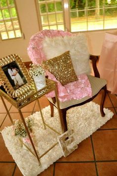 Pink and Gold Baby Shower Baby Shower Party Ideas | Photo 2 of 20 | Catch My Party Baby Shower Chair, Pink And Gold Baby Shower, Fiesta Shower, Pink Gold Baby Shower, Afro Puffs, Boy Baby Shower Ideas, Royal Baby Showers, Gold Baby Shower, Baby Shower Party Ideas