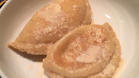 Cottage cheese filled dumplings are sauteed and simmered in milk. Cottage Cheese Dumplings Recipe, Perogies Recipe, Farm Cheese, Cabbage And Noodles, Lithuanian Recipes, Fried Dumplings, Steamed Buns, Dumpling Recipe, Cottage Cheese