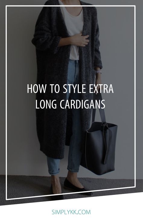 The art of styling an extra long cardigan. Floor Length Sweater Long Cardigan, Long Hooded Cardigan Outfit, Long Green Cardigan Outfit Winter, Long Dark Grey Cardigan Outfit, Black Longline Cardigan Outfit, Long Cardigan Layering Outfit, Long Cardigan Airport Outfit, How To Style A Long Cardigan Outfits, Ankle Length Cardigan Outfits