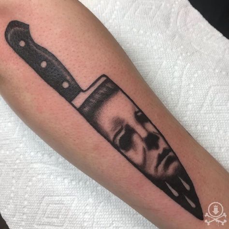 Awesome Michael Meyer's knife tattoo by David Carreras. #12ozstudios #team12oz #tattoo #tattoos #tattooed #tattooing #tattooism #tattooart #tattooartist #tattooer #tattooist #art #artstudio #tattooshop #tattoostudio #ink #inked #bng #bngtattoo #blackandgrey #blackandgreytattoo #knife #knifetattoo #knives #MichaelMeyers #MichaelMeyerstattoo #Halloween #Halloweentattoo Michael Myers Knife Tattoo Design, Jason Voorhees Knife Tattoo, Micheal Myers Knife Tattoo, Chucky Knife Tattoo, Michael Myers Tattoo Simple, Horror Patchwork Sleeve, Horror Knife Tattoo, Michael Myers Knife, Michael Meyer Tattoo