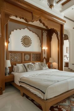 Modern Moroccan Bedroom, Indian Bedroom Design, Diy Headboard Ideas, Beautiful Bed Designs, Fall Bedroom Ideas, Indian Bedroom Decor, Indian Bedroom, Moroccan Bedroom, Interior Columns