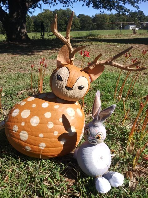 Bambi and Thumper Pumpkins Deer and Bunny Rabbit Pumpkin Decorating, Bambi Pumpkin, Pumpkin Painting Funny, Cow Pumpkin Painting, Deer Pumpkin, Pumpkin Animals, Deer And Bunny, Animal Pumpkin, Cow Pumpkin