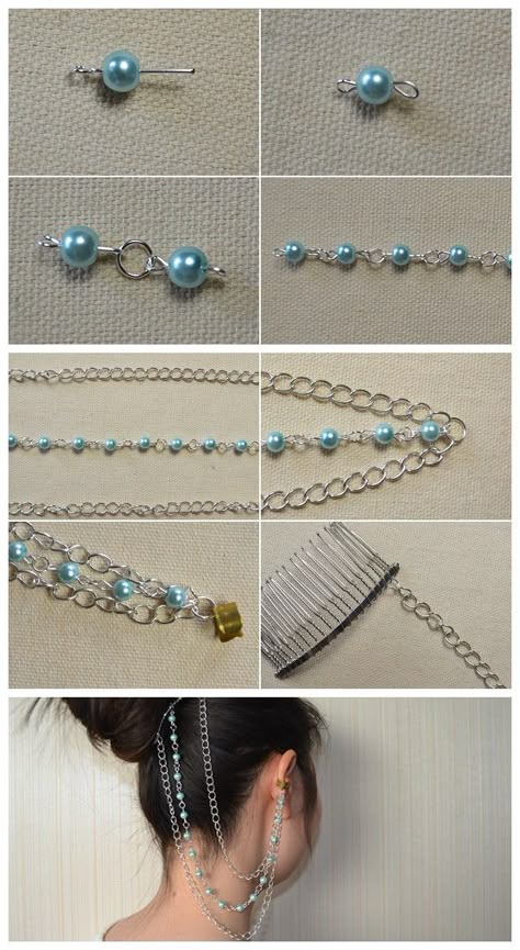 #Beebeecraft design #pearl #chain #hairaccessories Hair Jewelry Tutorial, How To Make Chain, Hair Chains Diy, Chain Bracelet Ideas, Jóias Body Chains, Diy Jewelry Set, Diy Chain, Hair Chains, Diy Jewelry Unique