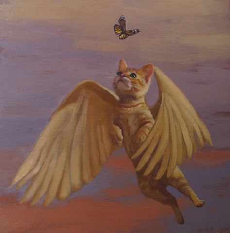 Diane Hoeptner | OIL | Flying Cat Dreams Gato Angel, Fly Drawing, Flying Cat, Arte Peculiar, Angel Cat, Curious Cat, Cat Artwork, Arte Inspo, Cute Kittens