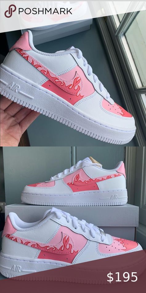 NWT Pink Flames Custom Nike Air Force 1 Shoes Customized Ideas, Nike Air Force 1 Design Ideas, Customized Air Force Ones, Costum Nike Shoes, Customizing Air Force 1, Air Force Design Ideas, Custom Painted Air Force 1 Ideas, Shoe Paint Ideas, Costum Air Force One