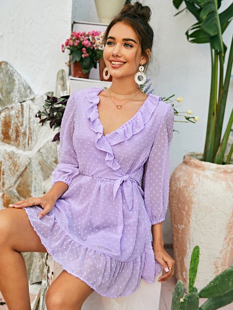 Swiss Dot Knot Front Ruffle Hem Dress | SHEIN USA Frocks And Gowns, Recruitment Outfits, Trendy Dress Outfits, Ruffle Hem Dress, Looks Chic, Swiss Dot, Hem Dress, Trendy Dresses, Purple Dress