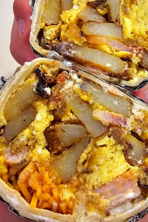 A giant burrito loaded up with potatoes, bacon, ham, egg and cheese! #breakfastburrito #burritos #homemadebreakfastburrito #breakfastfordinner Potato Egg Cheese Burrito, Bacon And Egg Burrito, Ham And Cheese Burritos, Ham Burrito, Breakfast Burritos With Potatoes, Bacon Burrito, Giant Burrito, Potato Burrito, Egg Burrito