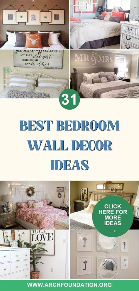 31 Classy Bedroom Wall Decor Ideas to Transform Your Space Picture Collage Over Bed, Wall Filler Ideas Bedroom, Above Headboard Decor Ideas, Empty Bedroom Wall Ideas, Decor For Above The Bed, Classy Wall Decor, Above Headboard Decor, Decorating Bedroom Walls, Bedroom Picture Frames