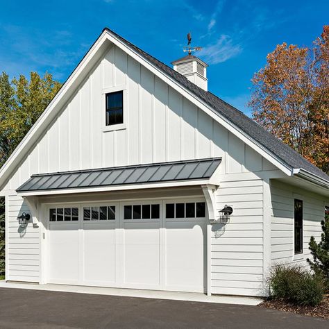 Garage Roof Extension Ideas, Garage With Vertical Siding, Double Car Garage Ideas, Eyebrows Over Garage Doors, Farmhouse Garage Addition, Small Roof Over Garage Door, Garage Door Overhang Ideas, Garage With Overhang Roof, Farmhouse Garage Ideas