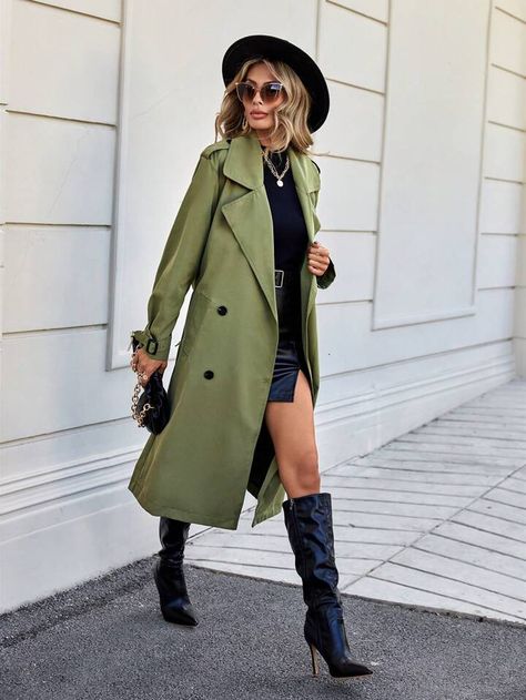 SHEIN BIZwear Double Breasted Belted Trench Coat Workwear | SHEIN USA Olive Trench Coat, Belted Trench Coat, Work Wear Women, Trench Coats Women, Trench Coats, Double Breasted, Trench Coat, Work Wear, Free Shipping