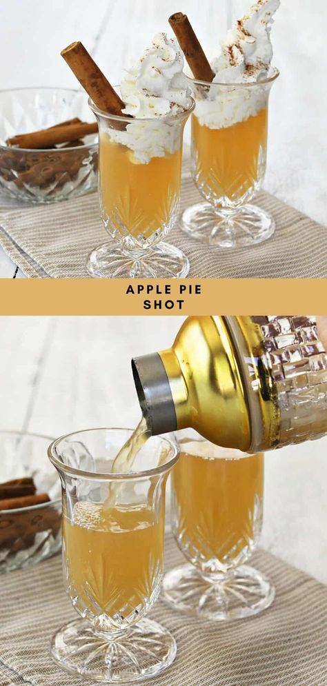 Apple Pie Shot - A Beautiful Mess Apple Pie Shots, Chocolate Cake Shot, Apple Pie Drink, Apple Shots, Best Stuffing Recipe, Apple Pie Cocktail, Whipped Cream Vodka, Cinnamon Whiskey, Mixed Drink Recipes