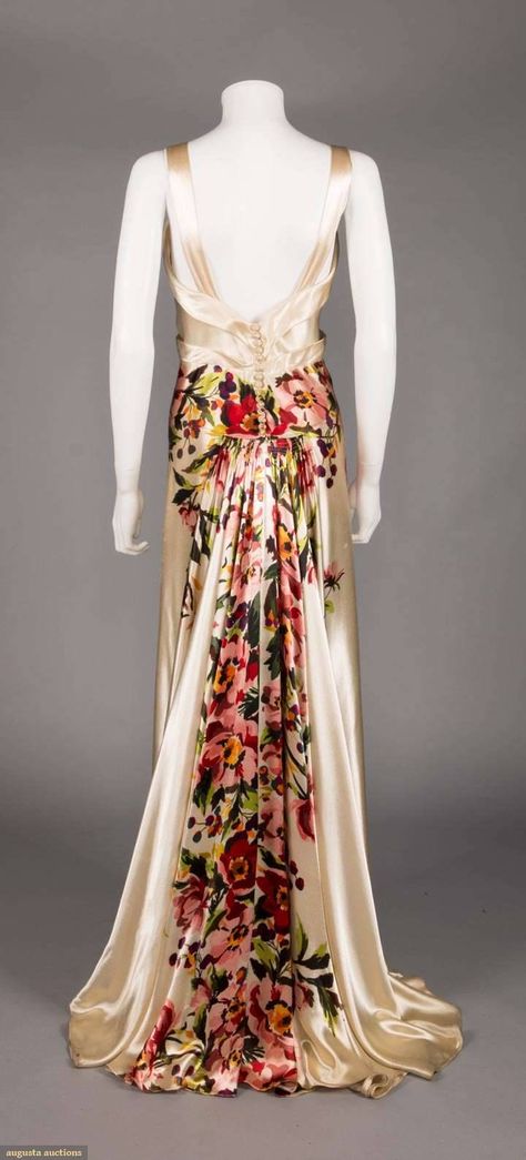 Historical Dress — PRINTED SILK CHARMEUSE EVENING GOWN, 1930s 1930s... 1920s Evening Gowns, Lady Duff Gordon, 1930 Dress, 1930's Dresses, Vintage Evening Gowns, White Evening Gowns, Charmeuse Dress, Historical Dress, Vintage Gowns