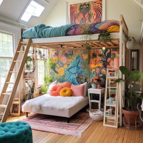 How to Choose the Right Loft Bed for Your Teen's Needs • 333+ Inspiring Lifestyle Ideas Neon Loft Bed, Loft Bed 2 Beds, Loft Bed With Bed Underneath, Full Loft Bed Ideas For Small Rooms, Girls Bedroom Loft Bed, Boho Loft Bed, Loft Bed Ideas For Teens, Loft Bed Aesthetic, Loft Bed Ideas For Small Rooms