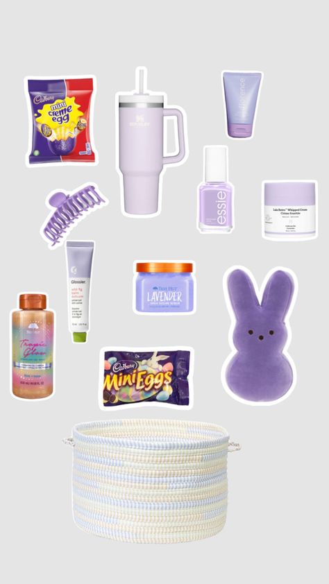 preppy purple Easter basket!🐣[he is risen] Friends Easter Basket, Easter Basket For Friends, Preppy Easter Basket Ideas, Purple Burr Basket, Easter Basket Ideas For Girlfriend, Purple Gift Basket Ideas, Preppy Easter Basket, Easter Wishlist, Purple Gift Basket