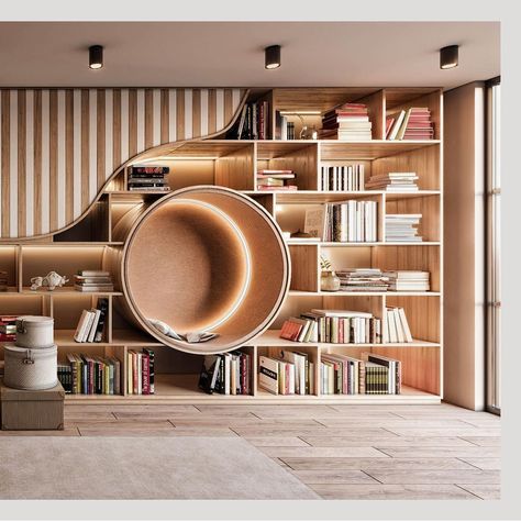 Curved Wall Bookshelves, Rounded Bookcase Built In, Waredore Design, Bookshelf Seat, Circular Library, Curved Bookshelf, Round Bookshelf, Home Library Design Ideas, Kindergarten Interior