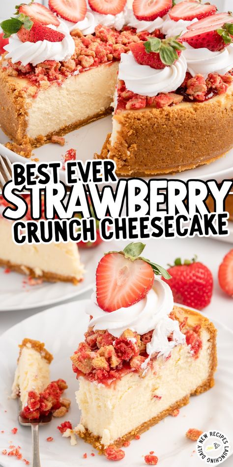 Different Flavor Cheesecake, Strawberry Crunch Banana Pudding Cheesecake, Strawberry Cheesecake Dessert Recipes, Cheesecake Recipes Valentines Day, Strawberries And Cream Cheesecake Cake, Crazy Cheesecake Recipes, Banana Strawberry Cheesecake, Strawberry Cream Dessert, Cheesecake Crust Alternative