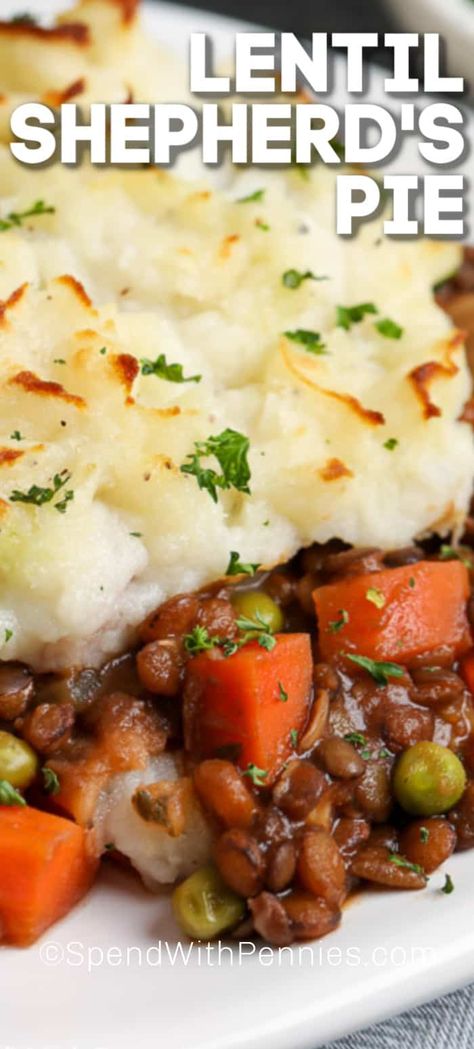 Tender lentils simmered in a rich savory broth, topped with creamy mashed potatoes create this Vegetarian Shepherd's Pie recipe. Bake until golden and bubbly for comforting meatless main dish! #spendwithpennies #shepherdspie #lentils #vegetarian #vegetariancasserole #mashedpotatoes #meatlessmonday Shepherds Pie Recipe Healthy, Pie Vegetarian, Vegetarian Shepherds Pie, Parmesan Orzo, Canned Lentils, Vegetarian Casserole, Shepherds Pie Recipe, Meatless Main Dishes, Vegetarian Main Dishes