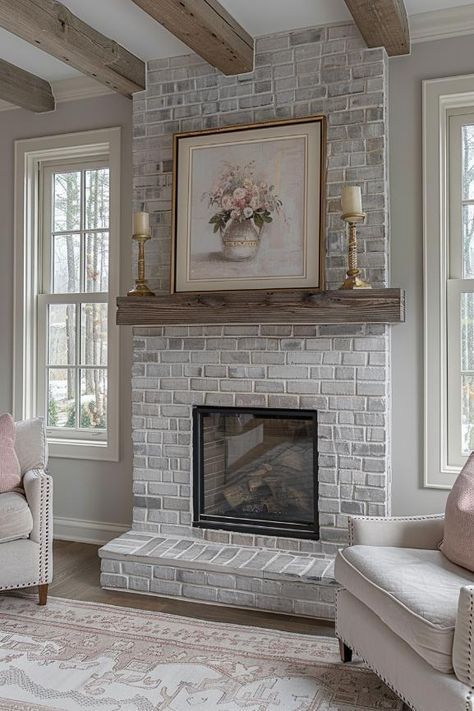 40 Chic Gray Brick Fireplace Ideas for a Cozy Home Grey And White Fireplace Brick, Graywash Brick Fireplace, Brick Fireplace Makeover With Built Ins, Light White Wash Brick Fireplace, White And Grey Fireplace, Grey Fireplace Brick, Fireplace Paint Ideas, Light Brick Fireplace, White Fireplace Brick