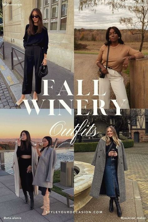 Prepare for your 2024 vineyard trip with this list of chic fall winery outfits! From laid-back jeans to elegant dresses and skirts, we've curated the ideal looks for your next California wine tasting trip. Stay stylish and snug in our comfortable yet trendy outfits (perfect for cold weather). With fall style ideas to fit all sizes, enjoy exploring vineyards in style this autumn! 🍁🍷 Fall Wineries Outfit, Fall Napa Outfits Wine Country, Casual Winery Outfit, Wine Vineyard Outfit Fall, Vineyard Outfits Fall, Wine Tasting Fall, Country Outfits Fall, Fall Winery Outfits, Wine Country Outfit