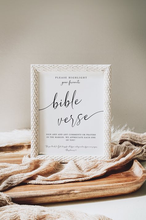 "Printable Wedding Sign for Favorite Bible Verse at guest book table. Enjoy a unique way of knowing who attended your wedding! Have your guests highlight their favorite Bible verse and add notes or prayers as well! This sign is 8x10 and will be delivered to you in a downloaded file. * DIGITAL DOWNLOAD * 4:5 Ratio which allows for the following sizes: 4x5, 8x10, 12x15, 16x20, 20x25, 24x30 HOW TO DOWNLOAD ------------------- After purchasing, your files will be available for download through your Please Highlight Your Favorite Bible Verse, Highlight A Bible Verse Wedding, Highlight Your Favorite Bible Verse And Sign Your Name, Advice Wedding Sign, Bible Verse Wedding Guest Book, Sign The Bible Wedding, Highlight Favorite Bible Verse Wedding, Highlight Favorite Bible Verse Graduation, Highlight Your Favorite Bible Verse Sign