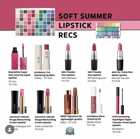 Lipsticks For Soft Summer, Soft Summer Lipstick Palette, Soft Summer Makeup Lipsticks, Shaded Soft Summer Color Palette, True Summer Makeup Products, True Summer Lipstick Colors, Muted Summer Makeup, Cool Summer Lipstick Colors, Soft Summer Makeup Products