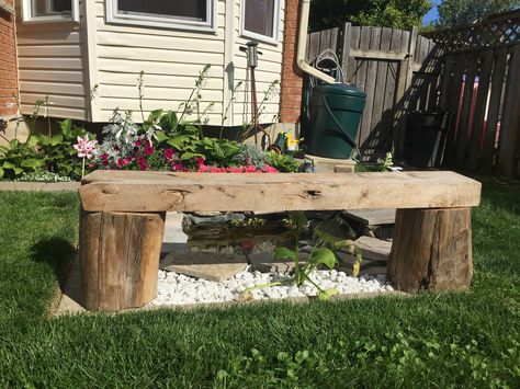 Seating bench made with logs and old barn wood shelf Wood Bench Diy, Barn Wood Shelf, Rustic Outdoor Benches, Diy Fire Pits, Backyard Raised Garden, Fire Pit Bench, Outside Benches, Seating Bench, Wood Bench Outdoor