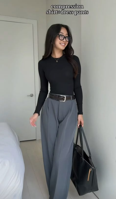 Black Belted Pants For Office, Elegant Fitted Pants With Belt, Jeans Formal, Office Siren Pants, Lawyer Outfit Women Korean, Korean Lawyer Outfit, Feminine Classic Style, Social Work Outfits, Casual Interview Outfits Women