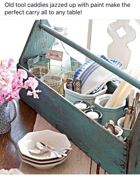 Wooden Tool Caddy, Old Tool Boxes, Tool Caddy, Wooden Tool Boxes, Flatware Storage, Cutlery Storage, Beach Bungalow, Kitchen Organization Diy, Diy Kitchen Storage