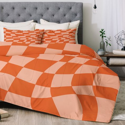 The Deny Designs comforter is the lightweight yet snuggly warm hug everyone wants from their bedding. The comforter features your print in vibrant color on the front and on the reverse side is a crisp, clean white to complement any decor style. Checkered Bedding Aesthetic Room, Funky Bedding Ideas, Groovy Bedroom Ideas, Teenage Girl Bedrooms Aesthetic, Groovy Bedroom, Funky Bedding, Retro Bedding, Yellow Room Decor, Ivy Room