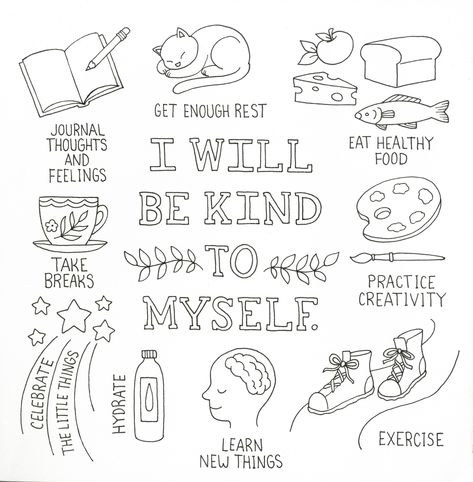 Hi! Today I am going to be creating a self care bullet journal page. Life can be stressful so I decided to create some self care doodles to remind me of self care activities. If you want to try these self care bullet journal doodles, I have included a full doodle tutorial and free printable self care stickers to help y Self Care Drawings Easy, Self Care Coloring Pages, Affirmation Doodles, Selfcare Journal Ideas, Self Care Bujo, Self Care Doodles, Wellness Bullet Journal, Tired Doodle, Therapy Doodles