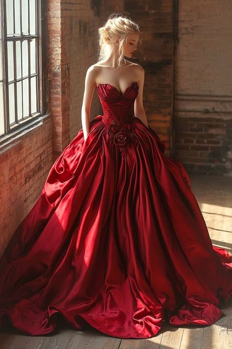 Red Victorian Dress Aesthetic, Red Fantasy Gown, Ball Gown Aesthetic, Red Victorian Dress, Victorian Dress Aesthetic, Dress From Scratch, Gown Aesthetic, Dream Gown, Red Ball Gown