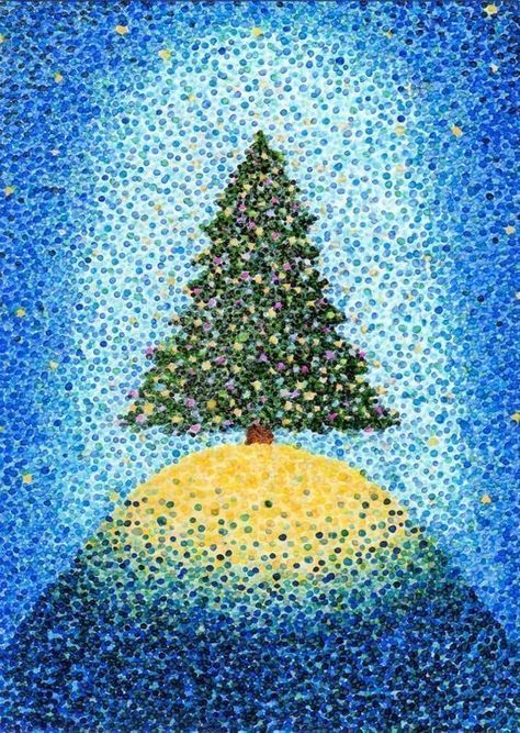 Poentilizam Art, Christmas Pointillism, Pointillism For Kids, Pointilism Art, Pointillism Painting, Pointalism Art, Winter Art Lesson, Christmas Art Projects, Christmas Tree Card