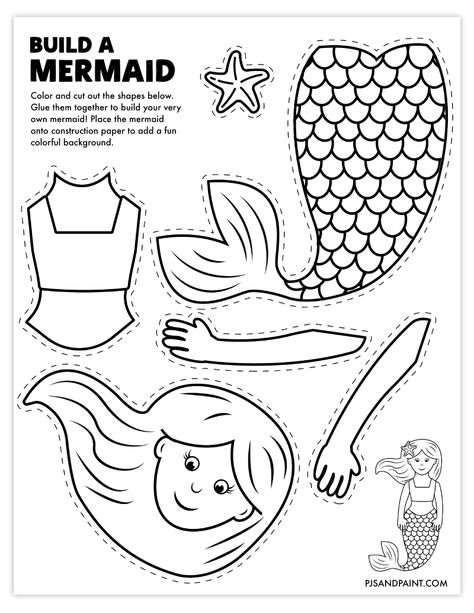 free printable build a mermaid craft Art And Craft Worksheet, Mermaid Paper Dolls Free Printable, Fun Prek Crafts, Mermaid Crafts Preschool Art Projects, Easy Art Projects For Kids Summer, Mermaid Theme Crafts, Build A Princess Printable, Build A Fish Craft, Mermaid Coloring Sheets Free Printable