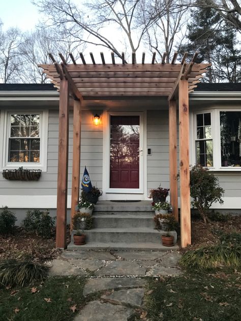 Front Door Arbor Entrance, Wood Pergola Over Front Door, Arbor Over Door, Arbor Front Door, Pergola Over Door Entrance, Arbor Over Front Door, Front Porch Arbor, Front Porch Pergola Entrance, Front Door Pergola Entrance