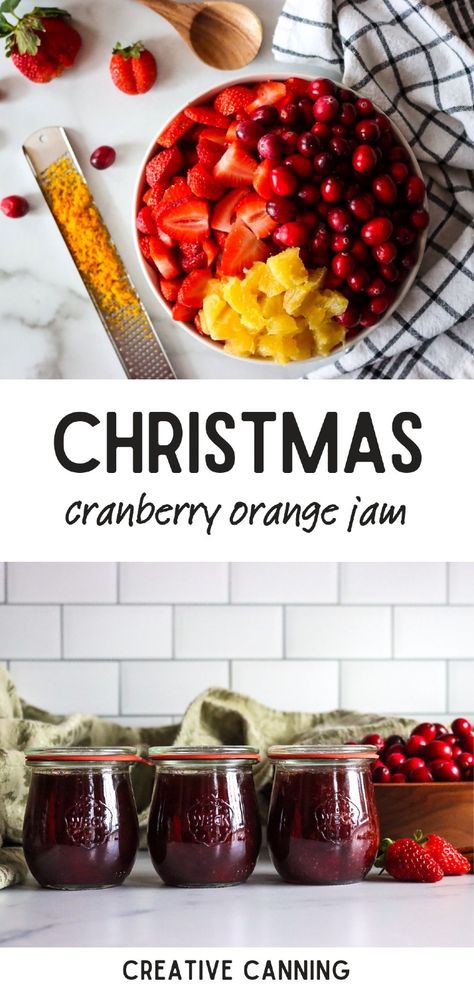 Make Christmas cranberry orange jam with this festive canning recipe. Combining tart cranberries, sweet oranges, and seasonal spices, this homemade jam is perfect for spreading holiday joy on toast or giving as a gift in a jar. Find more homemade gifts, gifts in jars, mason jar gifts, and Preserving Food Recipes at creativecanning.com. Kerr Canning Recipes, Jam For Christmas Gifts, How To Can Jam, Christmas Canning Gifts, Jam Gift Basket Ideas, Cranberry Orange Jam Recipe, Homemade Jam Gift, Cranberry Orange Jam, Gifts In Jars