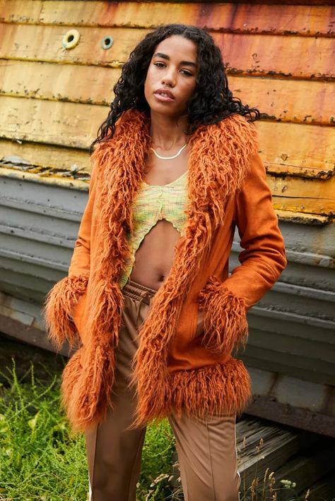 Women's Jackets: Denim, Shirt Jacket, Corduroy, + Leather | Urban Outfitters Faux Fur Trim Jacket, Fur Trim Jacket, Faux Fur Outfit, Fur Outfit, Faux Fur Trim Coat, Orange Coat, Winter Outfits Aesthetic, Fur Trim Coat, Orange Fits