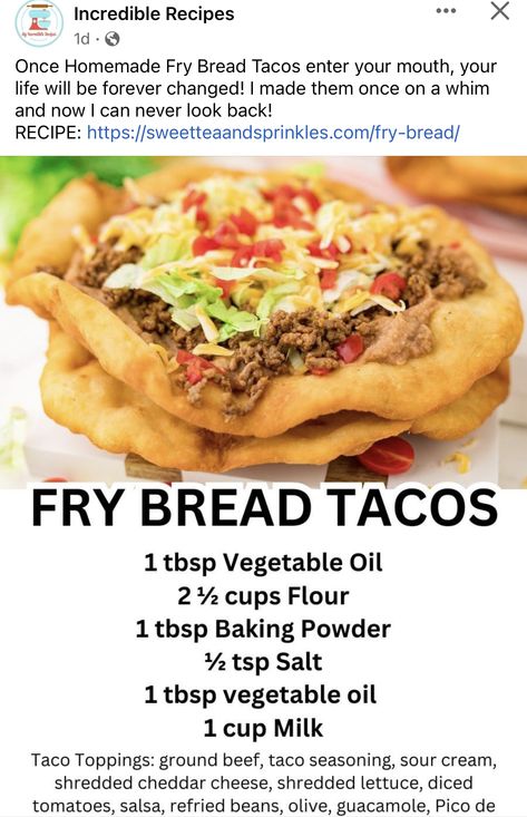 Tacos For Life Recipes, Mexican Fry Bread, Fried Tortilla Shells, Fry Bread Tacos Recipes, Indian Fry Bread Tacos, Fried Tortillas Tacos, Taco Bread Recipe, Indian Taco Fry Bread, Homemade Fry Bread