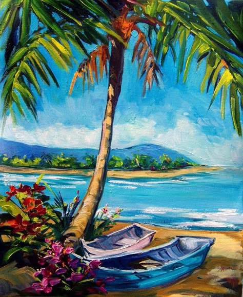 Palm Shade, by Steve Barton, Array featured at Marcus Ashley Gallery. Beach Mural, Tropical Painting, Palm Trees Painting, Beach Paintings, Painting Ocean, Hawaiian Art, Acrylic Artists, Social Art, Painting Party