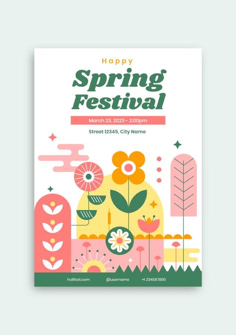 Spring Festival Poster Design, Spring Festival Poster, Poster Template Free, Festival Flyer, Flyer Layout, Flower Festival, Spring Event, Vertical Poster, Spring Party