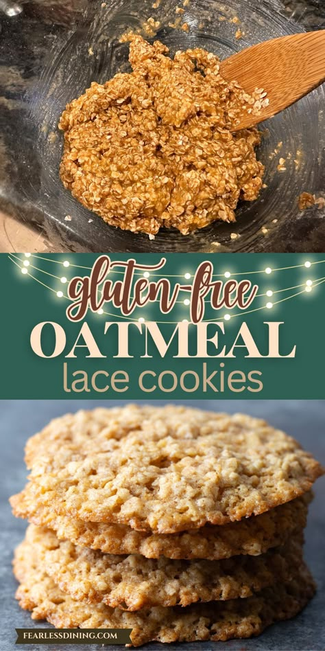 These gluten-free oatmeal lace cookies are light, crisp, and simple to make. Their buttery cinnamon flavor makes them perfect for snacking. Whether you need these cookies for a holiday cookie platter or a quick snack, this easy recipe will surely be a hit. You won’t even notice they’re gluten-free! Gluten Free Chewy Oatmeal Cookies, Gluten Free Cookies No Flour, Healthy Gluten Free Oatmeal Cookies, Crunchy Gluten Free Cookies, Gluten Free Lace Cookies, Gluten Free Oat Recipes, Gluten Free Sweet Recipes, Recipes With Gluten Free Flour, Naturally Gluten Free Cookies