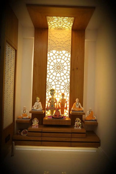 Puja Room With Window, Pooja Room With Window Behind, Pooja Room Window Design, South Indian Pooja Room Design, Dev Ghar Design, Jain Pooja Room Designs, Luxury Pooja Room Design, Puja Room Design Indian Modern, Over Tv Wall Decor