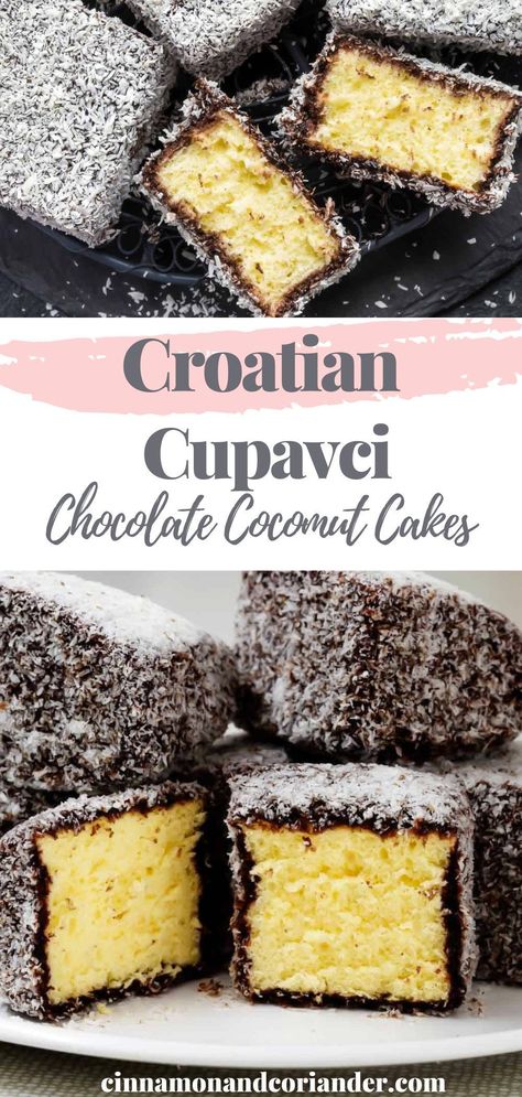 Try this Croatian Cupavci recipe- Sponge cakes soaked in chocolate sauce, then dipped in unsweetened, shredded coconut. This is a popular Croatian sweet that is especially great for Christmas and the holidays Croatian Cakes In English, Croatian Cakes, Croatian Recipes Desserts, Croatian Desserts, Serbian Recipes Desserts, Croatian Food, Krumkake Recipe, Lamingtons Recipe, Croatian Food Desserts