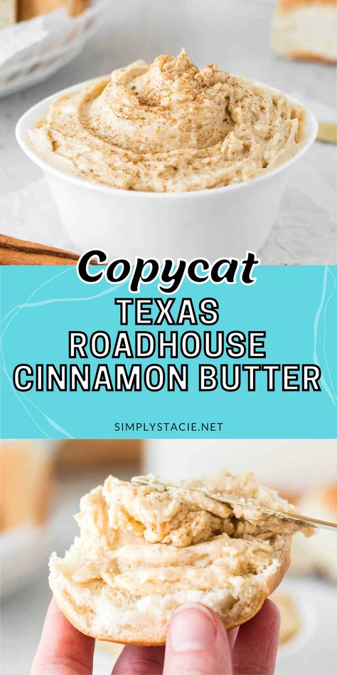 Two image collage of Texas Roadhouse Cinnamon Butter. The first image shows the butter in a bowl. The second image shows the butter being spread on a bun with a butter knife. Copycat Texas Roadhouse Butter, Texas Roadhouse Cinnamon Honey Butter, Roadhouse Cinnamon Butter, Roadhouse Butter Recipe, Texas Roadhouse Butter Recipe, Texas Roadhouse Cinnamon Butter, Roadhouse Butter, Raspberry Freezer Jam, Texas Roadhouse Butter