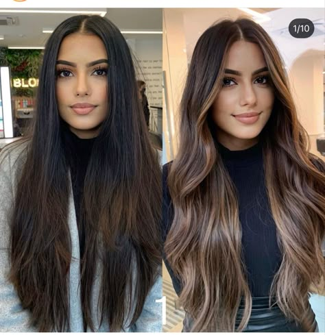 Textured Hairstyles, Women With Long Hair, Rambut Brunette, Black Hair Balayage, Brunette Hair With Highlights, Dark Hair With Highlights, Brown Hair Balayage, Haircuts For Long Hair, Hair Color Balayage