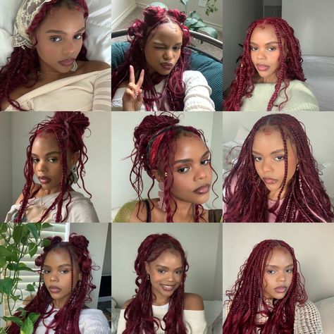 Pick And Drop Braids Red, Burgundy Micro Braids, Braid Colors On Dark Skin, Red Island Twist With Curls, Burgundy Boho Locs, Red Velvet Braids, Red Mini Twists, Burgundy Island Twist, Burgundy Braids On Dark Skin