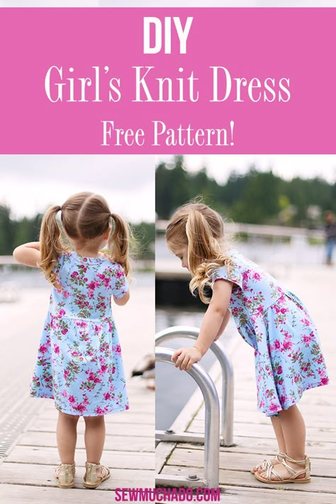 Free Girl's Knit Dress Pattern / Sew an adorable toddler sized play dress for your toddler with this free downloadable pattern!#sewmuchado #sewing #freepattern #sewingtutorial #dresspattern Girls Dress Pattern Free, Girls Sewing Patterns, Kids Sewing Patterns, Dress Pattern Free, Girls Dress Pattern, Girls Knitted Dress, Knit Dress Pattern, Sewing For Babies, Girls Dress Sewing Patterns