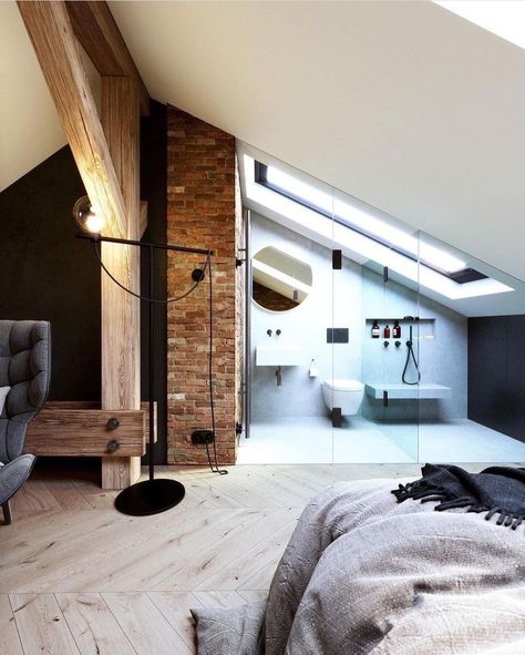 Open Plan Ensuite, Attic Studio Apartment, Attic Flat, Upstairs Apartment, Open Plan Bathrooms, Loft Conversion Bedroom, Attic Makeover, Medieval House, Attic Bedroom Designs