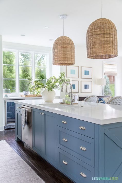 Blue Kitchen Island Chairs, Nortical Decor, Wicker Lights, Spindle Chairs, Gray Paint Colors, Blue Kitchen Island, Pillows White, Blue Gray Paint Colors, Shibori Pillows