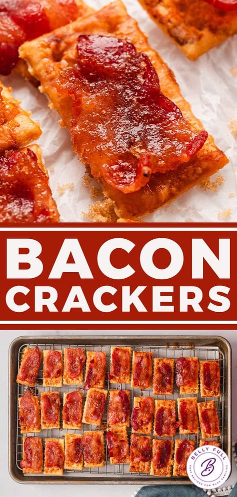 Bacon Crackers l Belly Full Candied Bacon Club Crackers, Bacon On Club Crackers, Bacon Cracker Appetizer, Bacon On A Cracker, Club Cracker Bacon Appetizer, Brown Sugar Bacon Crackers, Pig Candy Crackers, Bacon Wrapped Club Crackers Parmesan, Ritz Cracker Bacon Appetizer